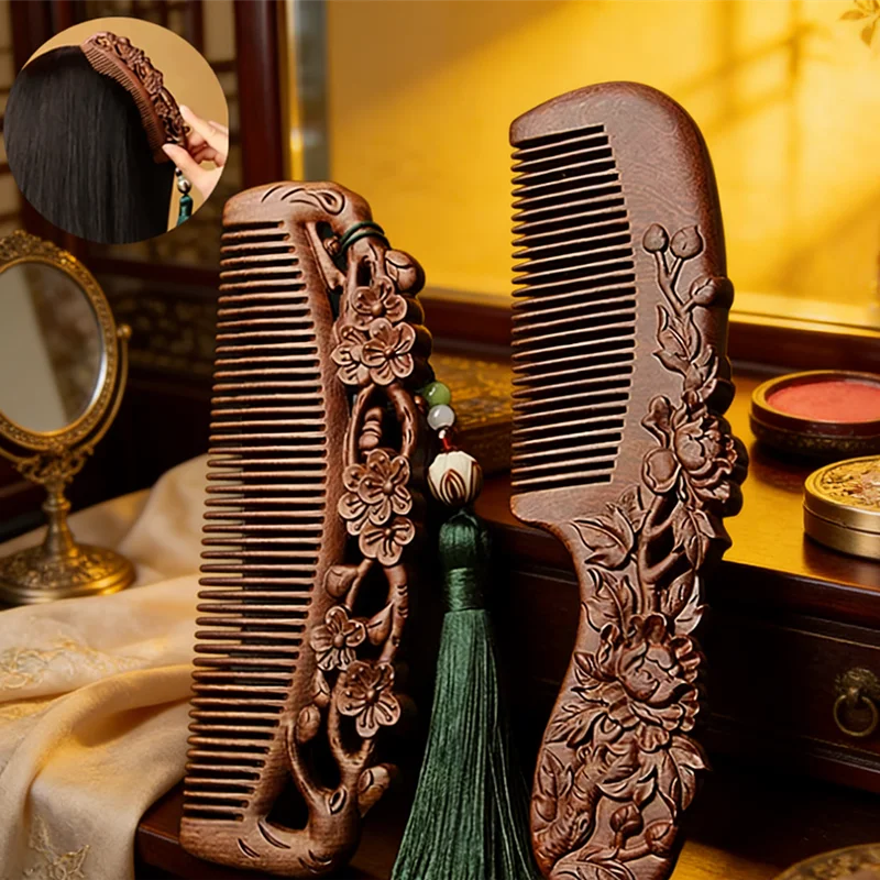 

Exquisite Handmade Sandalwood Comb Gift Flower Carving, Solid Wood Anti-Frizz Beard & Hair Styling Tool, a Meaningful Present