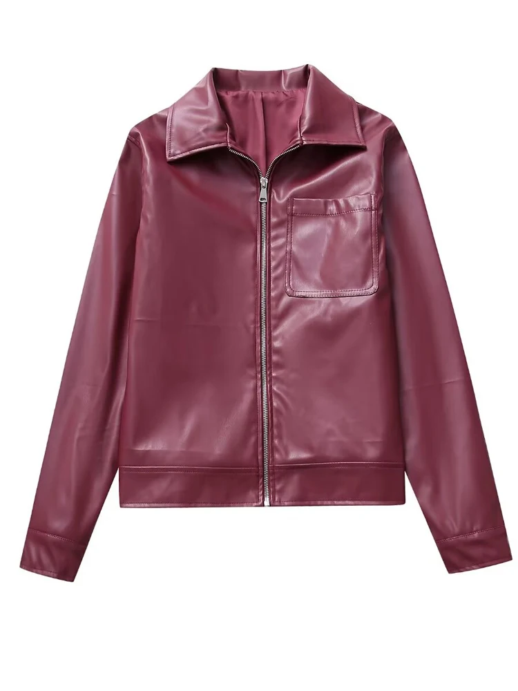 Streetwear Women\'s Faux leather jacket purplish red 2024 Spring Autumn Oversize Zip motorcycle Jackets Lady Coat Fashion 3O370