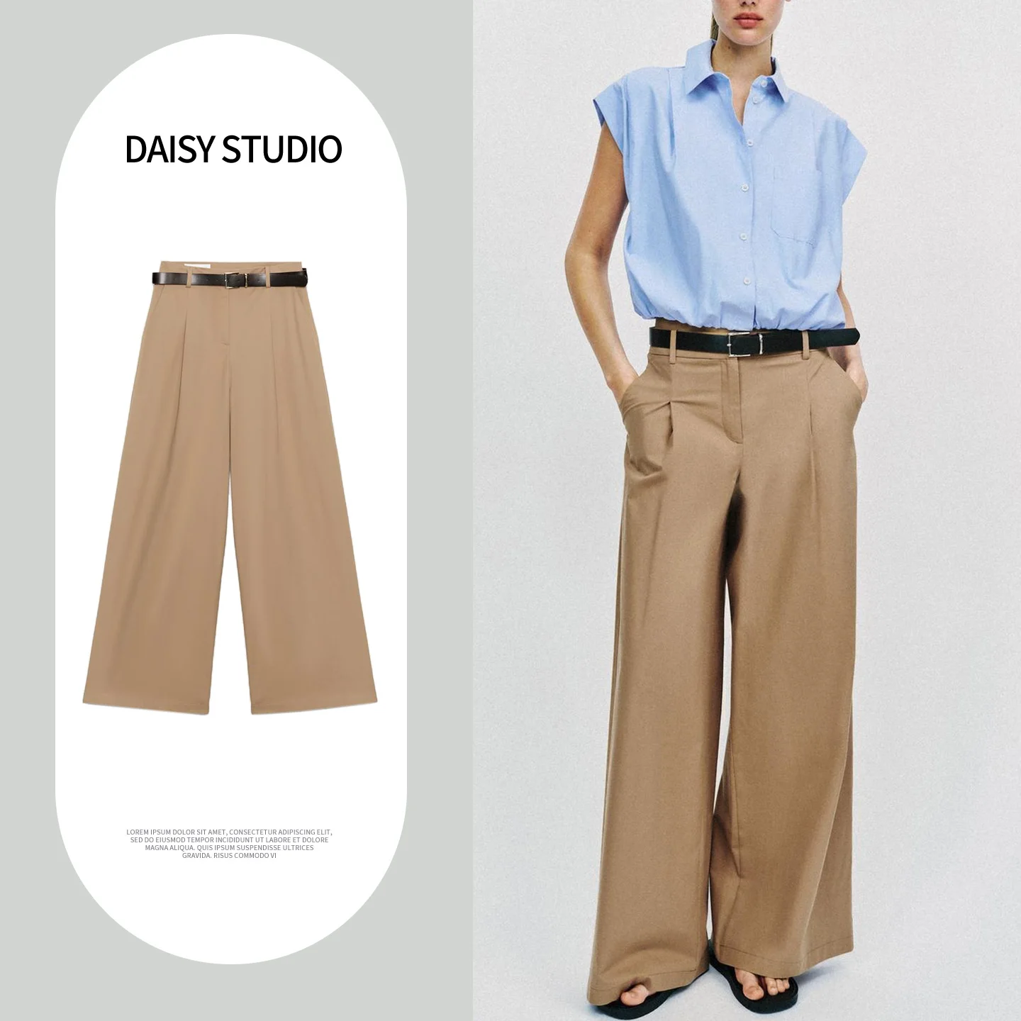 

Spring Summer New Women's High Waist Long Zipper Wide Leg Pants Pleated Belted Casual Trousers Comfortable Polyester Fiber