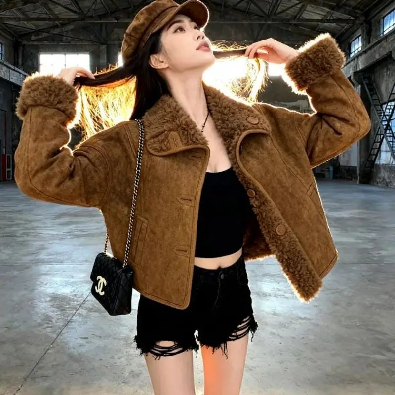 Coffee Lamb Coat Integrated Fur New Retro Warm Fluff Short Jackets Winter Women