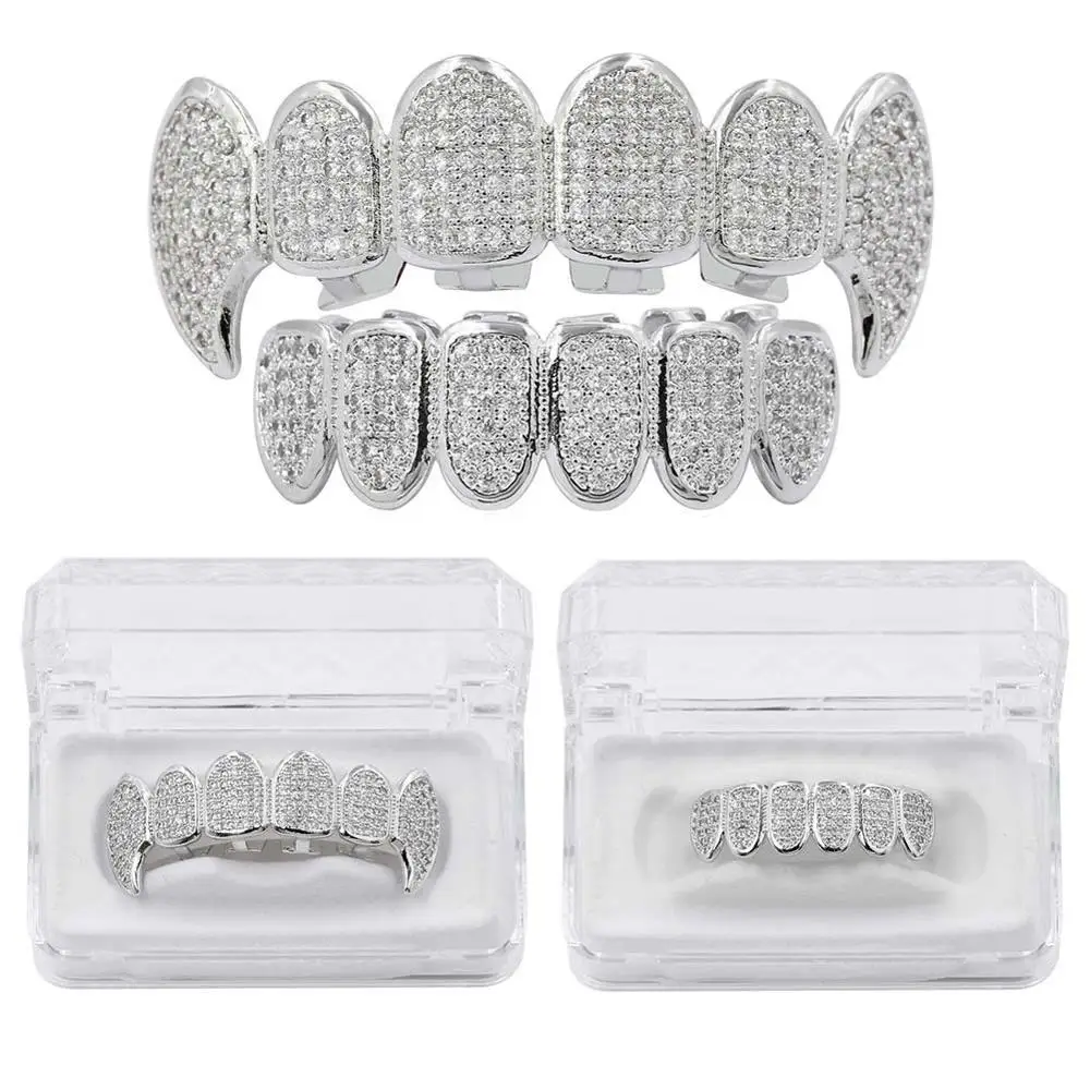 Hip Hop Fang Vampire Teeth Grillz Top Bottom Set for Men Gold Silver Color Micro Pave Cubic Zirconia  Iced Out Rapper Jewelry