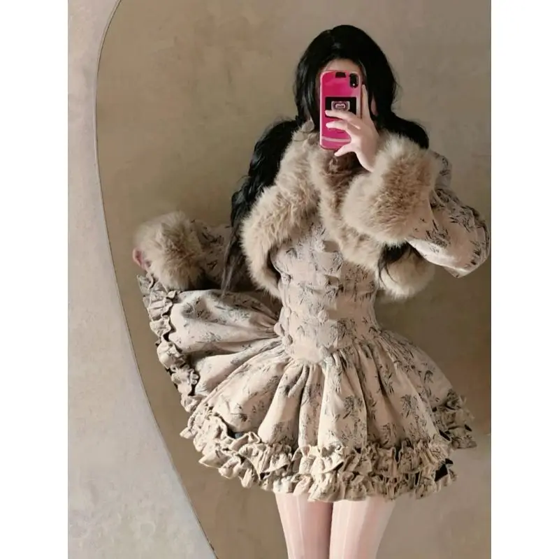 Coalfell Vintage Haute Couture Short Fur Collar Jacket+waistband Double Breasted Slimming Suspender Fluffy Princess Dress Set