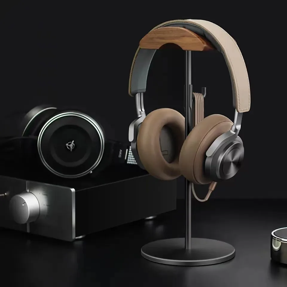 Black Walnut Wood & Aluminum Headphone Stand Nature Walnut Gaming Headset Holder with Solid Metal Base for Table Desk Display