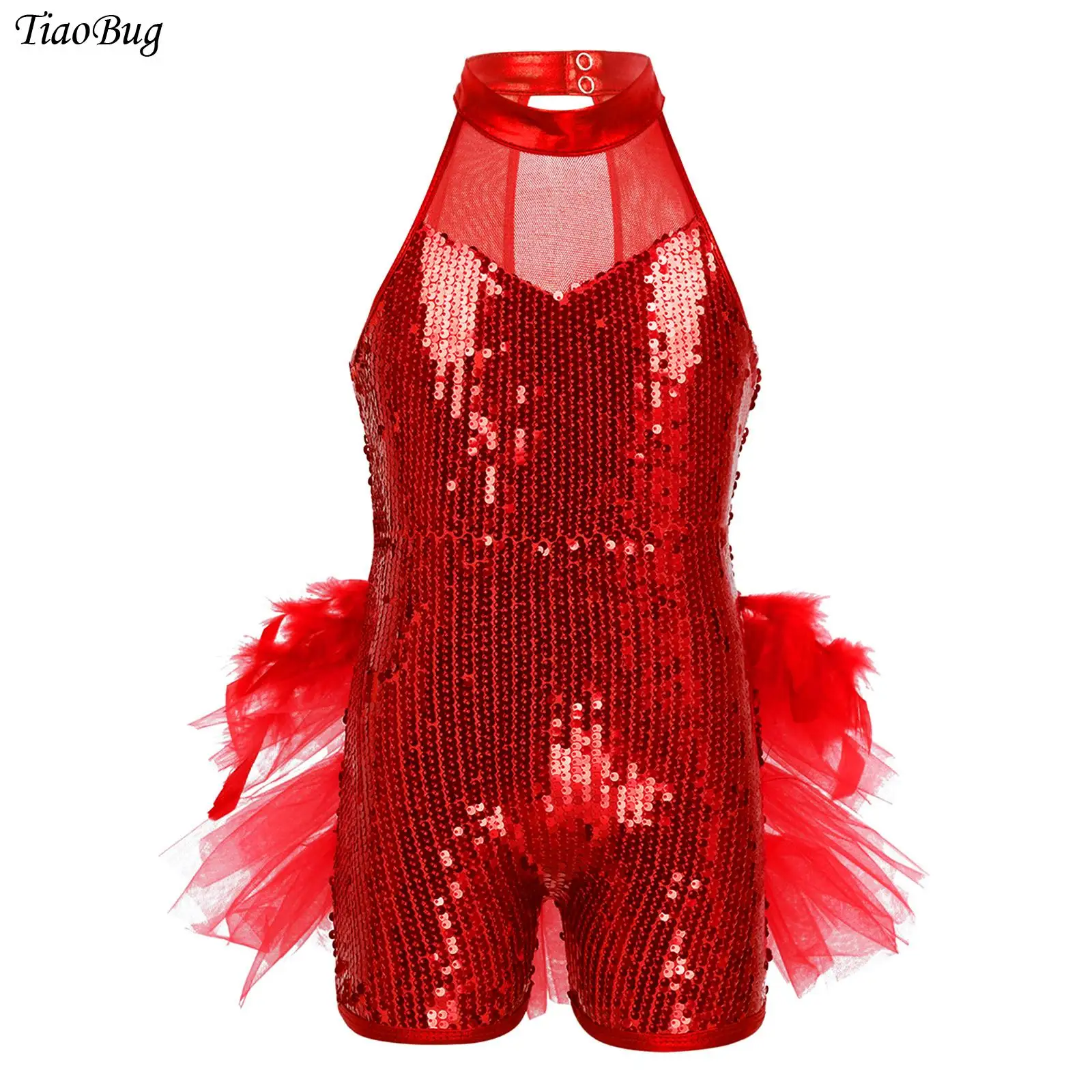 

Kids Girls Latin Ballet Dance Leotard Sequins Dance Jumpsuit Sleeveless Feather Tutu Unitard Jazz Skating Gymnastics Bodysuit