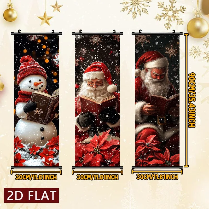 VIKAMA Christmas 3-Piece Wall Banner Set, Snowman Santa Reading Book Night Scroll Tapestry for Xmas Bedroom Decor