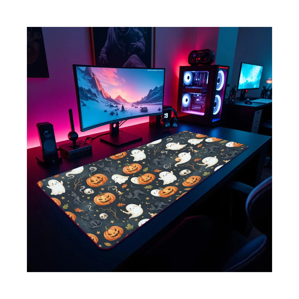 Cute Ghost Halloween Pumpkin PU Leather Mouse Pad Office Desk Mat Mouse Pad Game Computer Speed Type Carpet Mat Laptop Keyboard