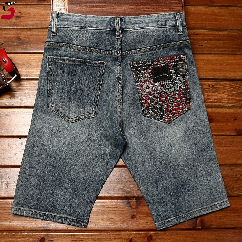 High-end trendy jeans short men's summer stretch slim-fit embroidery Korean style personality fashion casual cropped pants