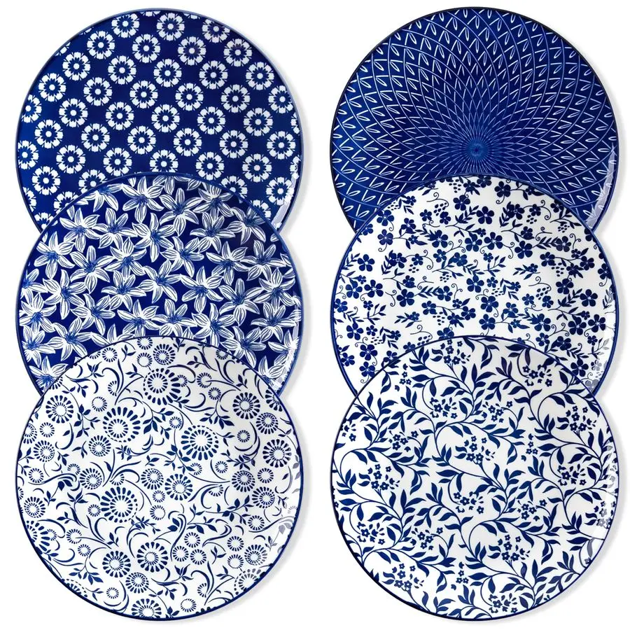 

Набор керамических обеденных тарелок, 6 шт., большие винтажные тарелки 10,25 дюйма, набор из 6 штук для кухни, фарфоровые сине-белые тарелки для кухни