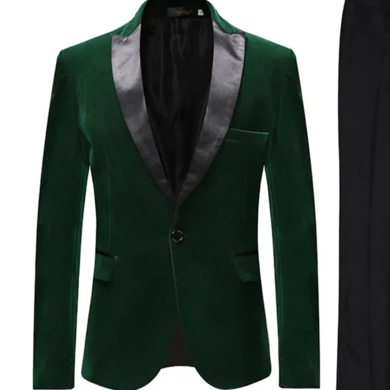 2 Piece Men\'s Green Velvet Suit Peak Lapel One Button Blazer Wedding Groom Tuxedos Pants Jacket for Party Prom