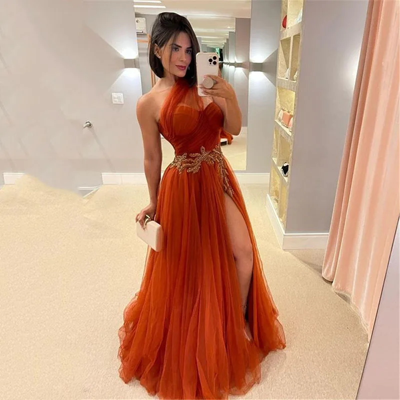 Smileven Orange Prom Dress A Line Puff Tulle Evening Dress Side Split Lace Saudi Arabia Evening Party Gowns Customized