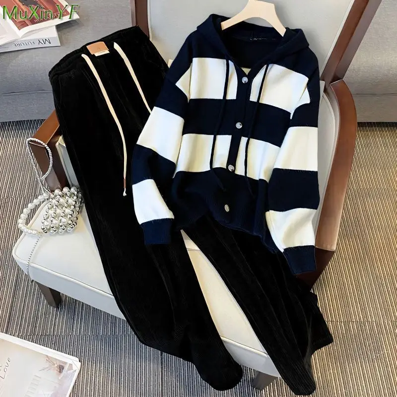 Women Spring Autumn Stripe Knit Hooded Tops Pants 1 or Two Piece Set Lady Casual Loose Sweater Wide Leg Trousers Outfits 2023