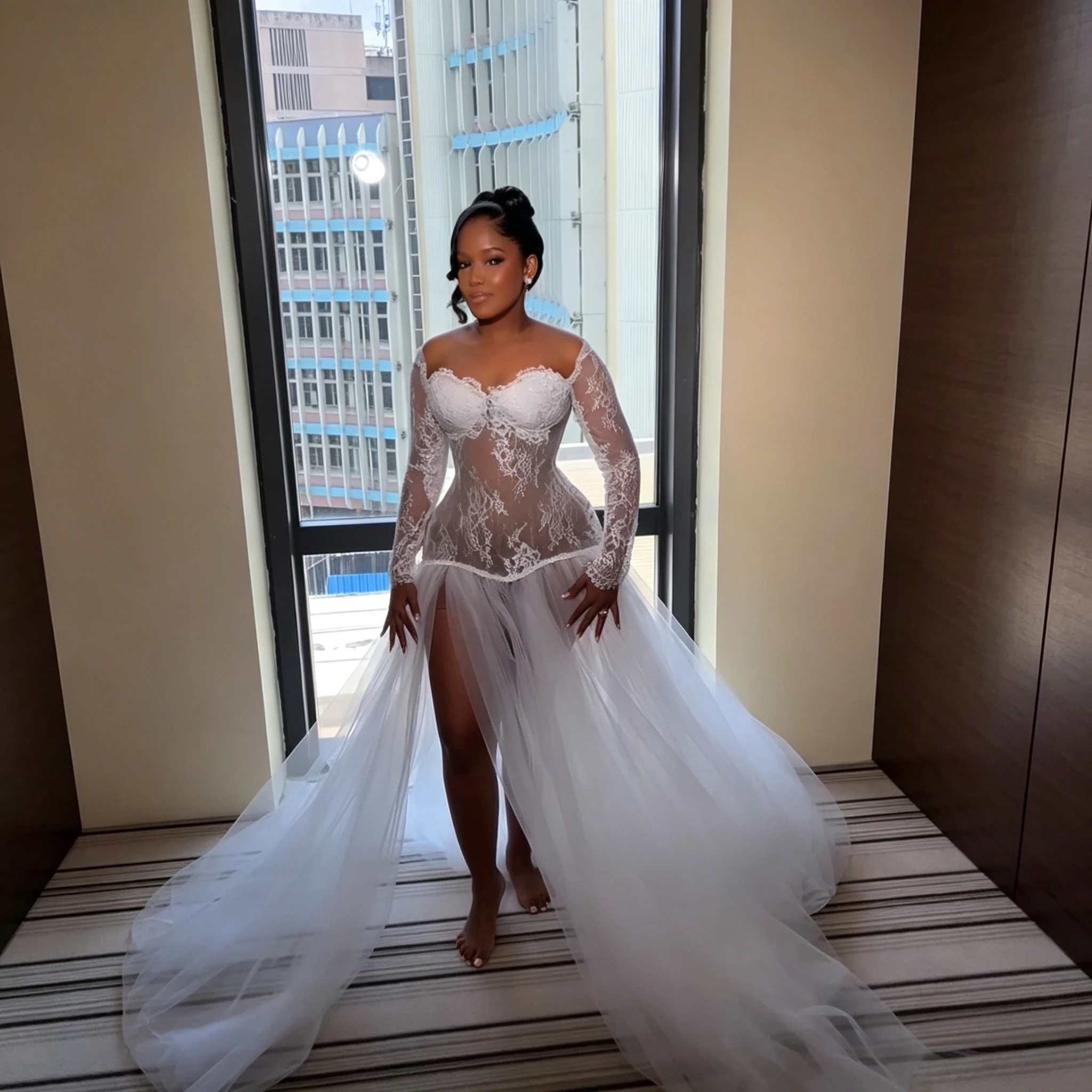 

Nigeria Pre-Wedding Dresses for Bride 2026 Sheer Neck Long Sleeve Illusion Bodice Lace Tulle Bridal Shower Robe Dress Customized