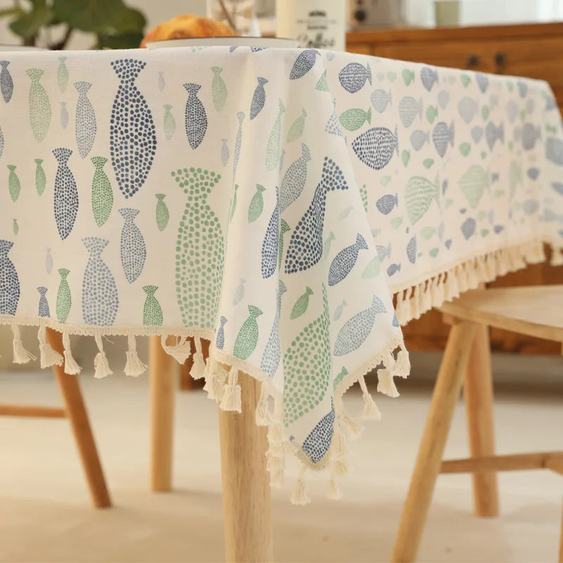 Cotton Linen Tablecloth Blue Mediterranean Triangle Tropical Fish With Lace Ocean Cover Table Cloth for Wedding Tea Table