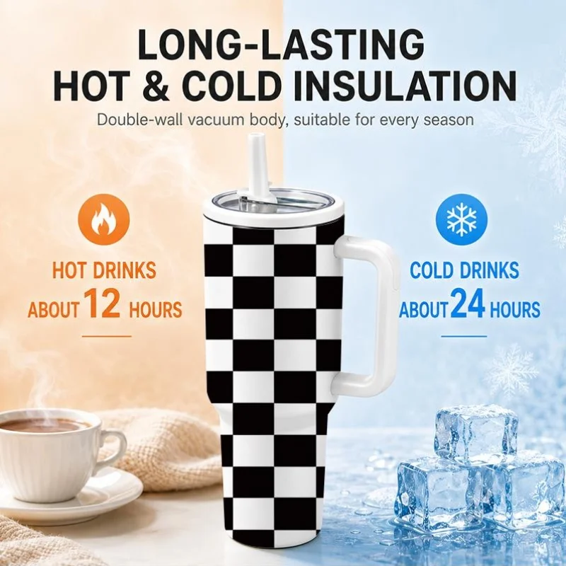 1pc 40Oz Stainless Steel Insulated Tumbler with Straw And Handle - Large Capacity, Vacuum-Sealed for Hot And Cold Drinks, Perfect Gift for Mom, Couples, Friends - Ideal for Home, Travel, Outdoor Activities, Ice Cubes, Suitable for Summer And Winter