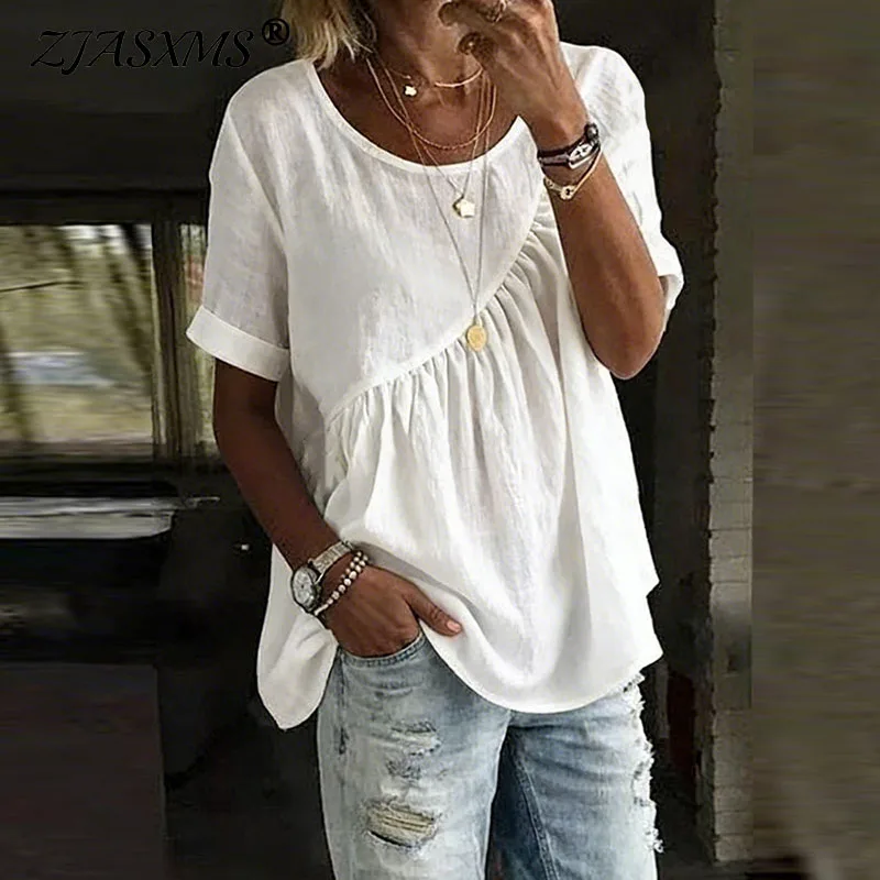 

Простая модная женская блузка с рюшами, однотонная, весна 2026, элегантная, с круглым вырезом, свободного кроя, футболка-топ, летняя, с коротким рукавом, уличная рубашка