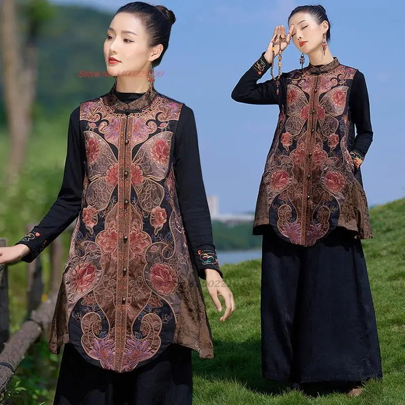 

2024 chinese vintage hanfu tops traditional satin jacquard vest national flower embroidery sleeveless jacket ethnic tang suit