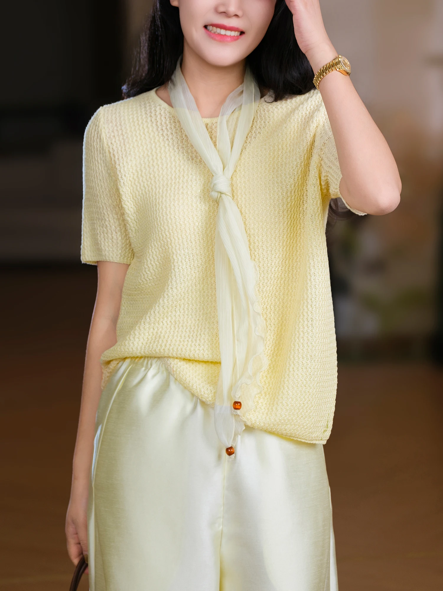

Футболка женская Lacele 28 Linen 12, вязаная крючком, свободного кроя, с круглым вырезом, коротким рукавом, дышащая, в повседневном стиле