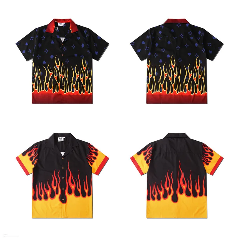 Y2K Mens Clothing Fashion Vintage Flame Print Maglia Short Sleeve Shirts Summer New Casual Hawaiian Beach Viking Man Black Shirt