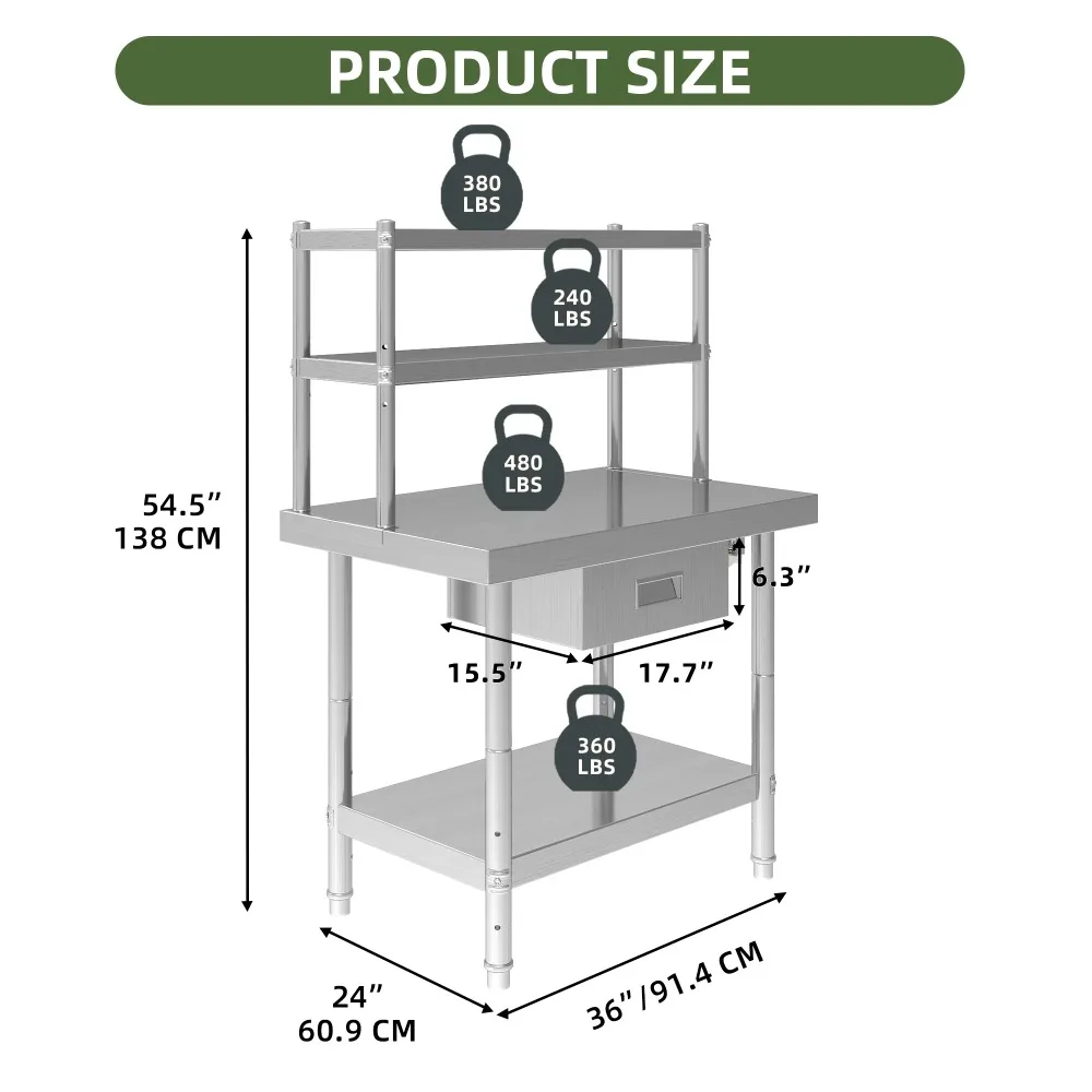 NSF Stainless Steel Table with Adjustable Height, Storage Rack, Towel Hanging Bar, Overshelves, Drawer