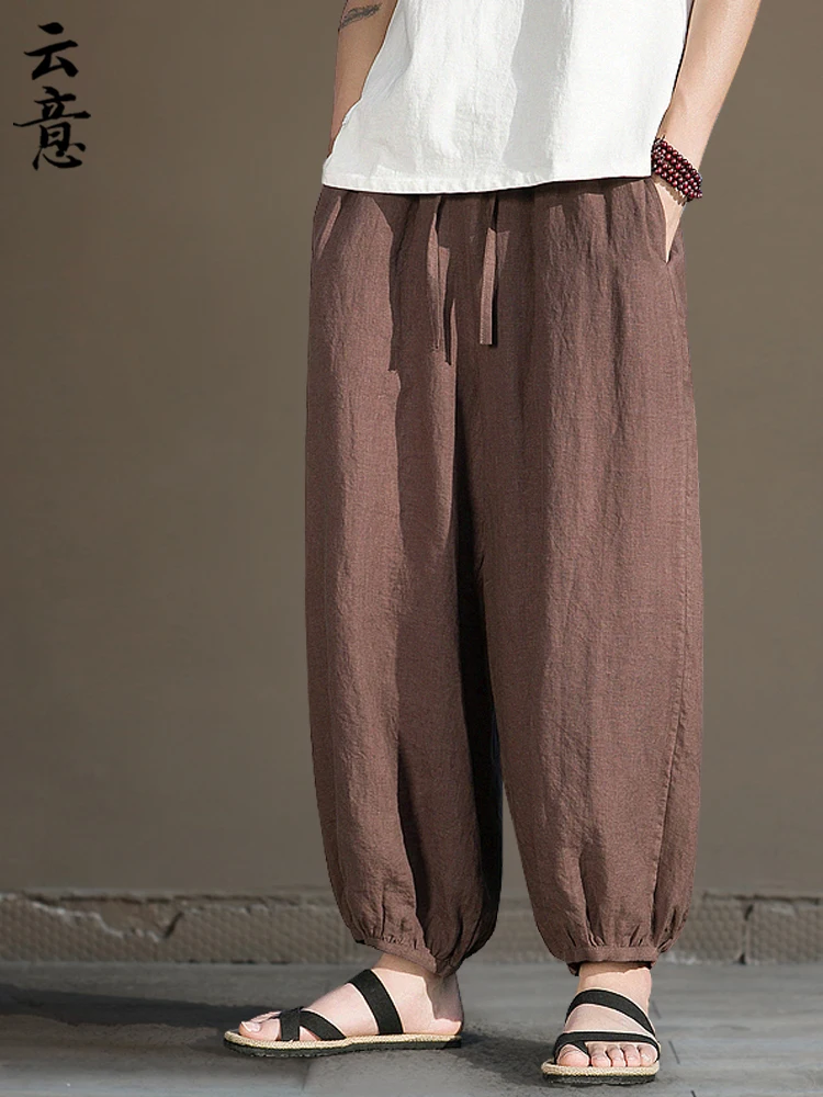 

Мужские летние повседневные брюки из чистого льна в китайском стиле, тонкие, свободные, широкие, фасона «фонарик», винтажные, с разрезами, для повседневной носки, молодежные