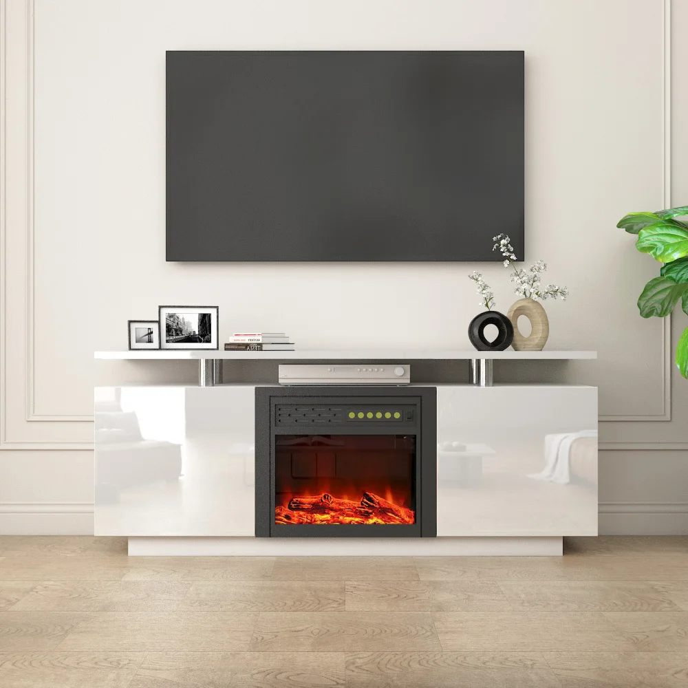 TV Stand with Fireplace 160CM High Gloss TVs Cabinet Tv Unit, Have Heat and Flame Color Changes, TV Cabinet for Living Room