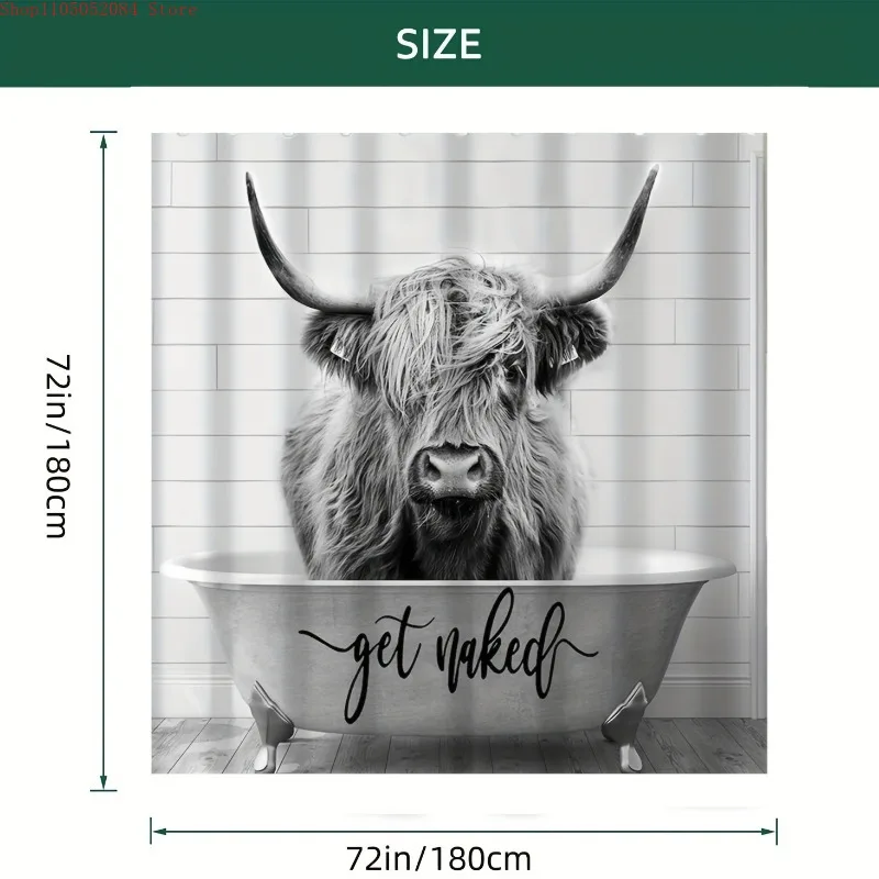 grey highland cow shower curtain set get naked design-   With Hooks Waterproof Mildew Proof Easy Install Washable