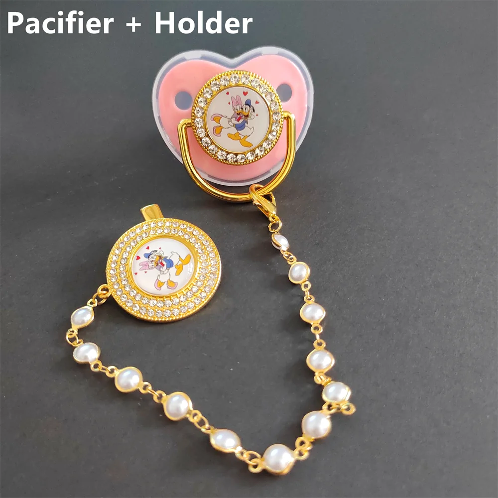 Disney Bling Gold Baby Pacifier Chain Clip Donald Duck Glitter Crystal Newborn Pacifier Silicone Nipples Orthodontic Pacifier