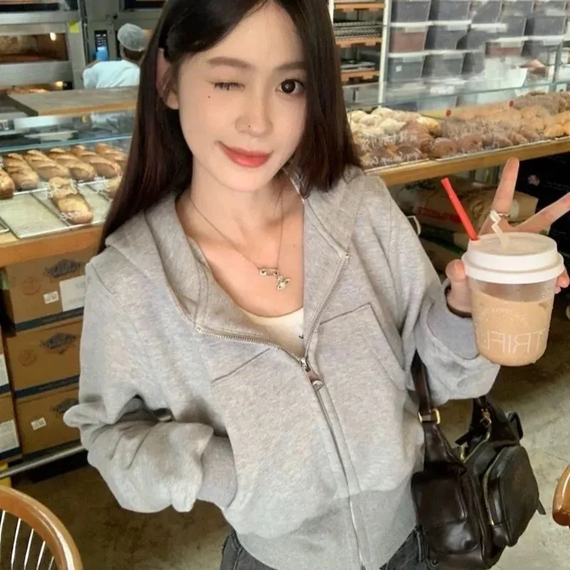 

Korean Harajuku Y2K Hooded Coat Women Long Sleeve Slim Solid Zip Sweatshirt Fashion Casual Spring Fall Preppy Style Cropped Top