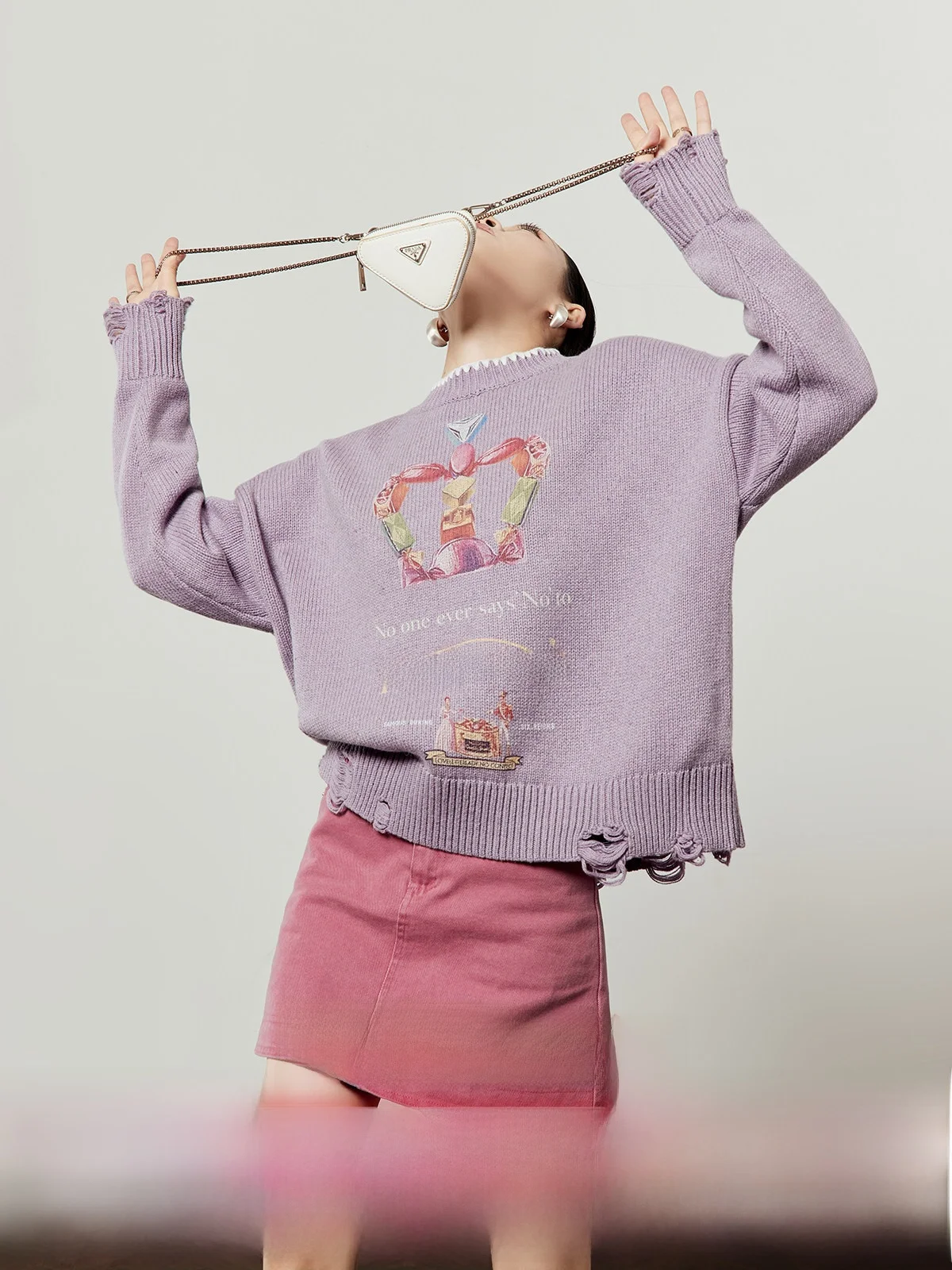 

Casual Knitted Purple Sweater Women's Loose Fit Long Sve Print Top Winter New Arrival Zhou Li Wu Crown Candy Series