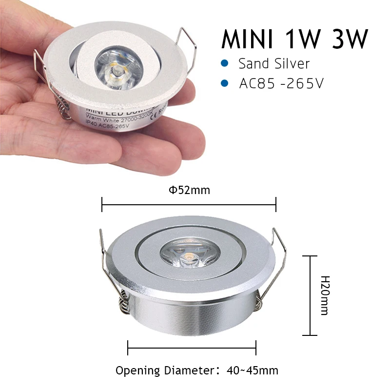 6pc 1W 3W Mini led Downlight Cabinet Recessed Spot light led Driver Pure Nature Warm white and White Silver Black body AC85-265V