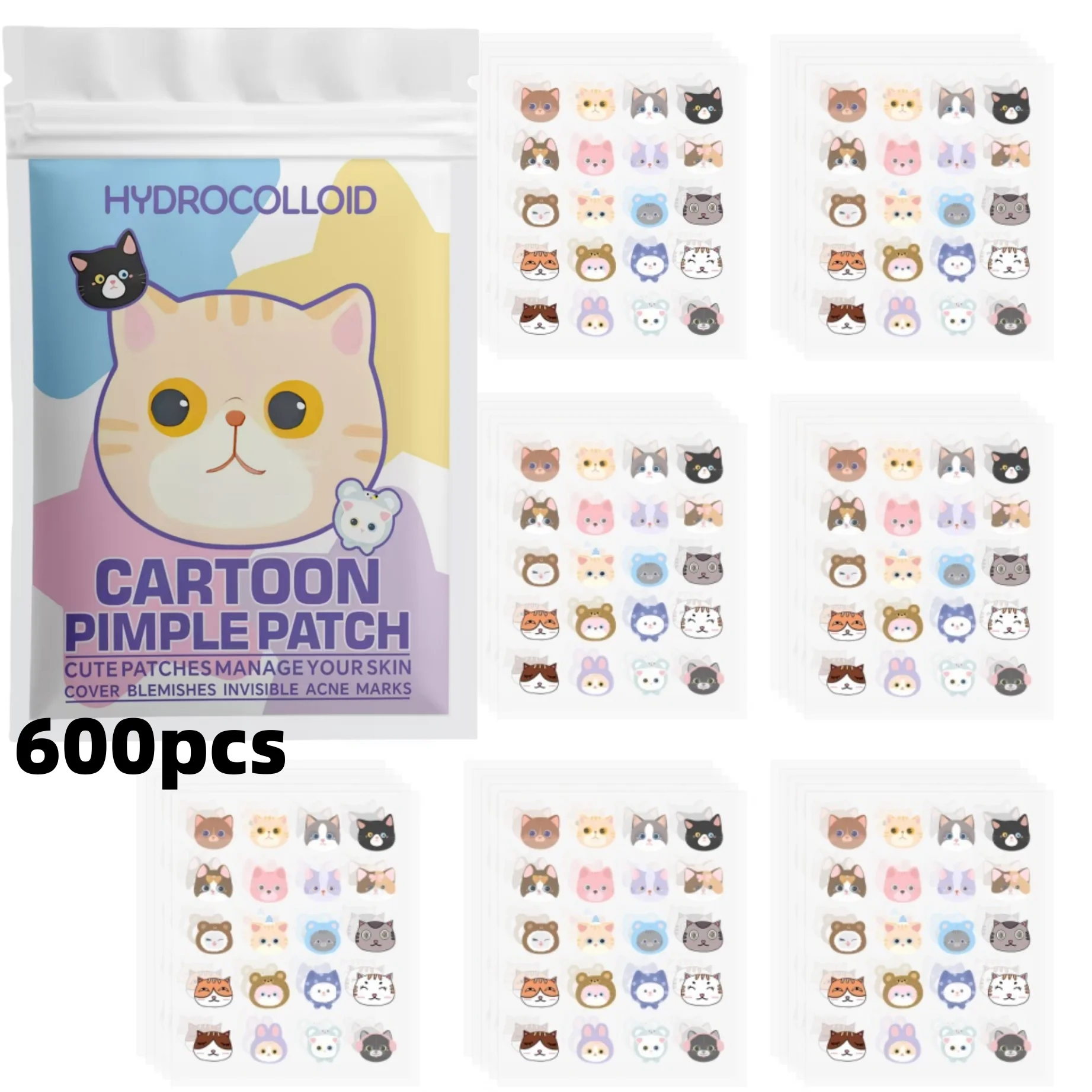 100/600PCS Cartoon Acne Patch, Cute Cat-Shaped Facial Concealer Acne Patch, Safe, Non-Toxic, Gentle and Non-Irritating
