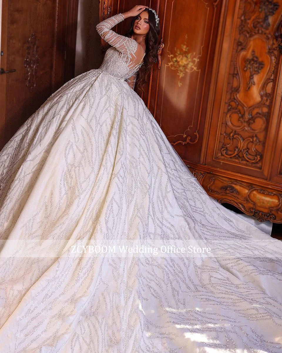 Luxury White/Ivory Dubai Princess Ball Gown Wedding Dress 2026 Sparkly Sequined Long Sleeves O-Neck Bride Gowns Vestido De Novia