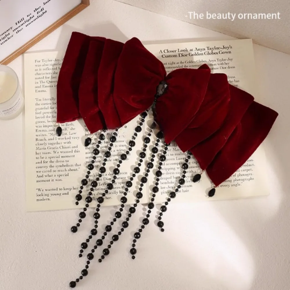 

Заколка для волос из бархатной ткани с бантом и бусинами, в корейском стиле, пружинный зажим-краб, новогодний аксессуар для волос, держатель для хвоста