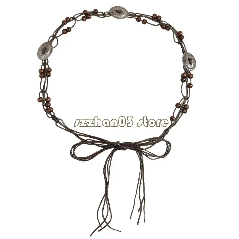 367C Unique Adjustable Beaded Waist Belt for Women Men Braided Cord Accessory