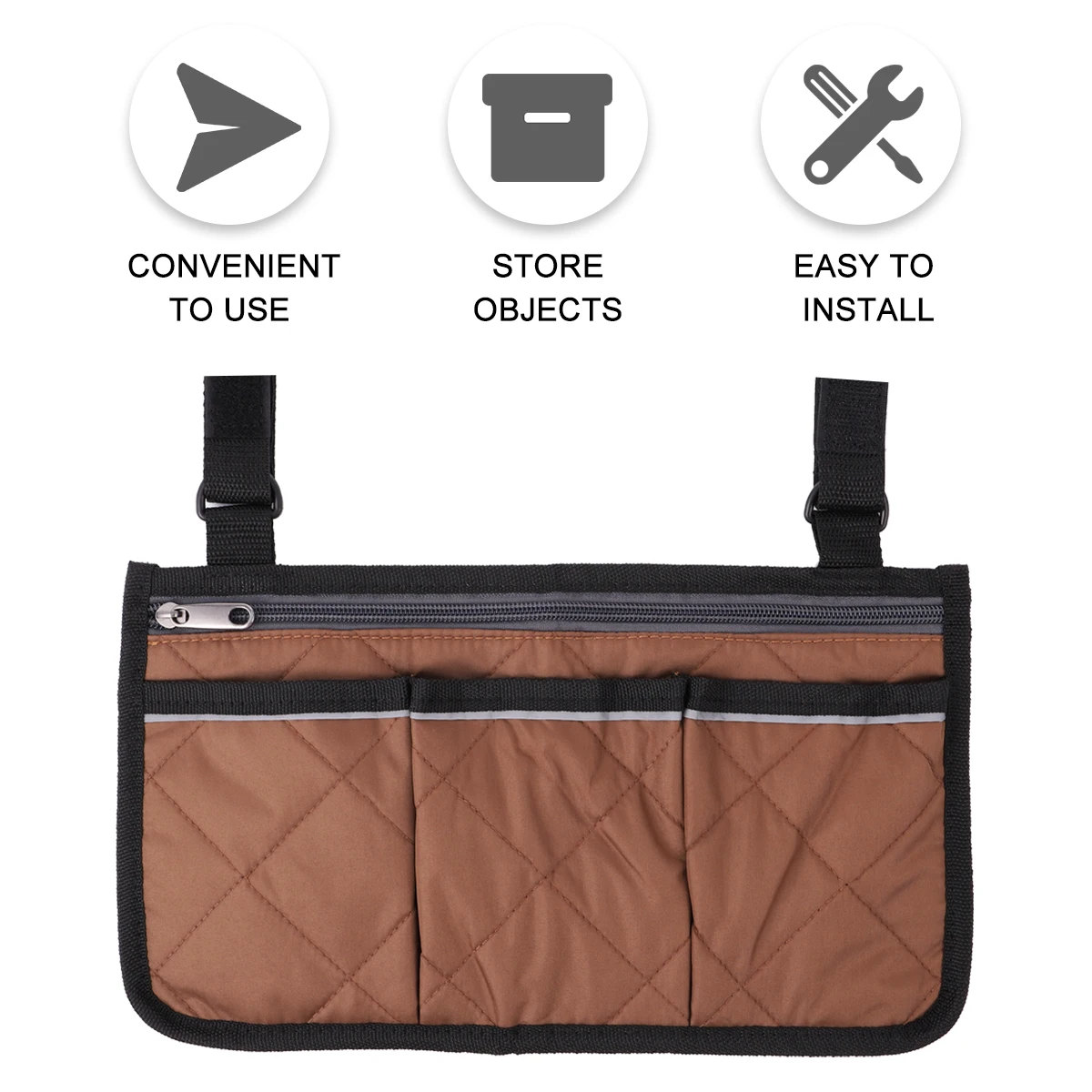 1pc Wheelchair Side Storage Bag Coffee Multi-Pockets Organizer For Electric Manual Wheelchairs Mobility Scooter Walker