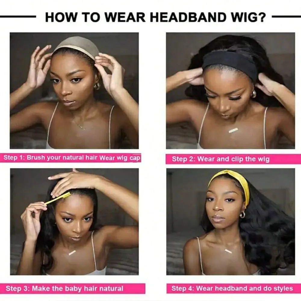 Парики с повязкой на голову для женщин, человеческие волосы, объемная волна, повязка на голову, парик из 100% бразильских человеческих волос Wear And Go, бесклеевые полупарики, машинное производство