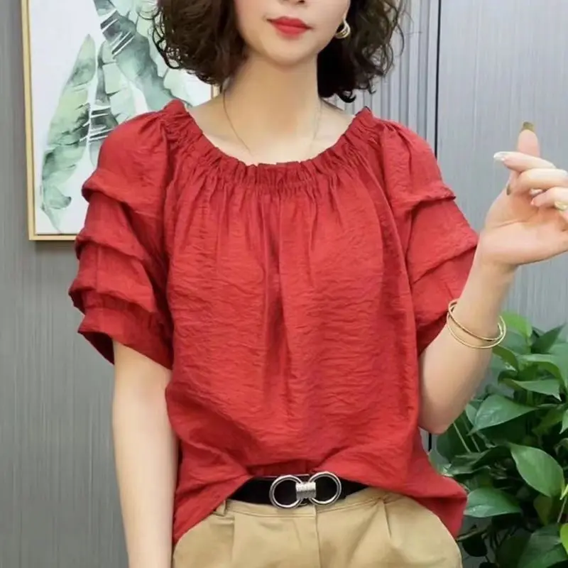 Oversized Solid Color Round Neck Chiffon Shirt for Women\'s New Summer Casual Commuting Loose Belly Covering Age Reducing Top