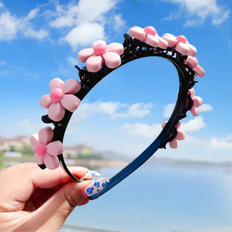 New Cute Flower Bangs Fixed Braided Hairbands Clips for Girls Kids Sweet Flower Hair Ornament Headband Fashion Hair Accessories