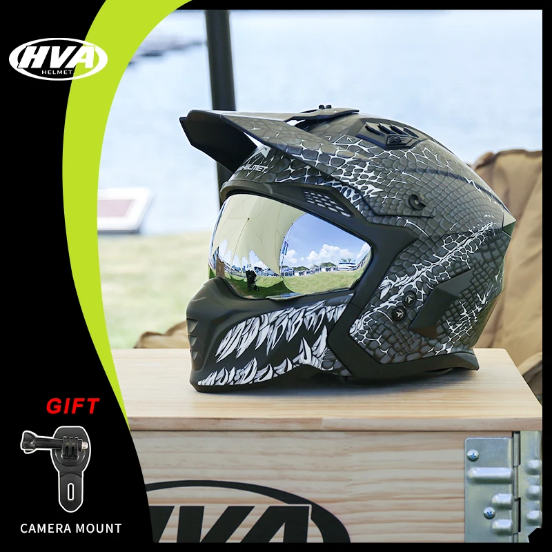 

HVA Motorcycle Helmet Vintage Casque Moto Black Warrior Combination Helmet Full Half Helmet Cruising Cascos Motorcross Capacetes