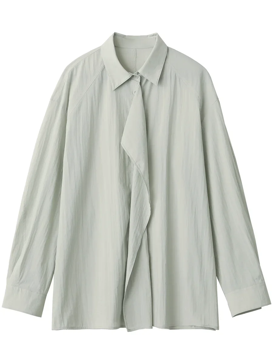 شيك فين قميص نسائي كوري غير رسمي فضفاض بأكمام طويلة غير متماثل بلوزات واحدة الصدر معطف نسائي رقيق لربيع وصيف 2025