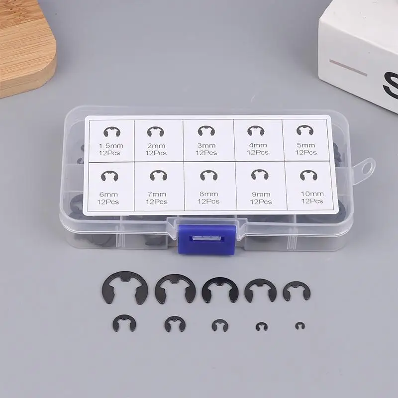 Shaft Fastener M1.5-M10 Snap Ring Assortment, 120PCS E-Clip Washers in Black Stainless Steel Retaining Circlip Set