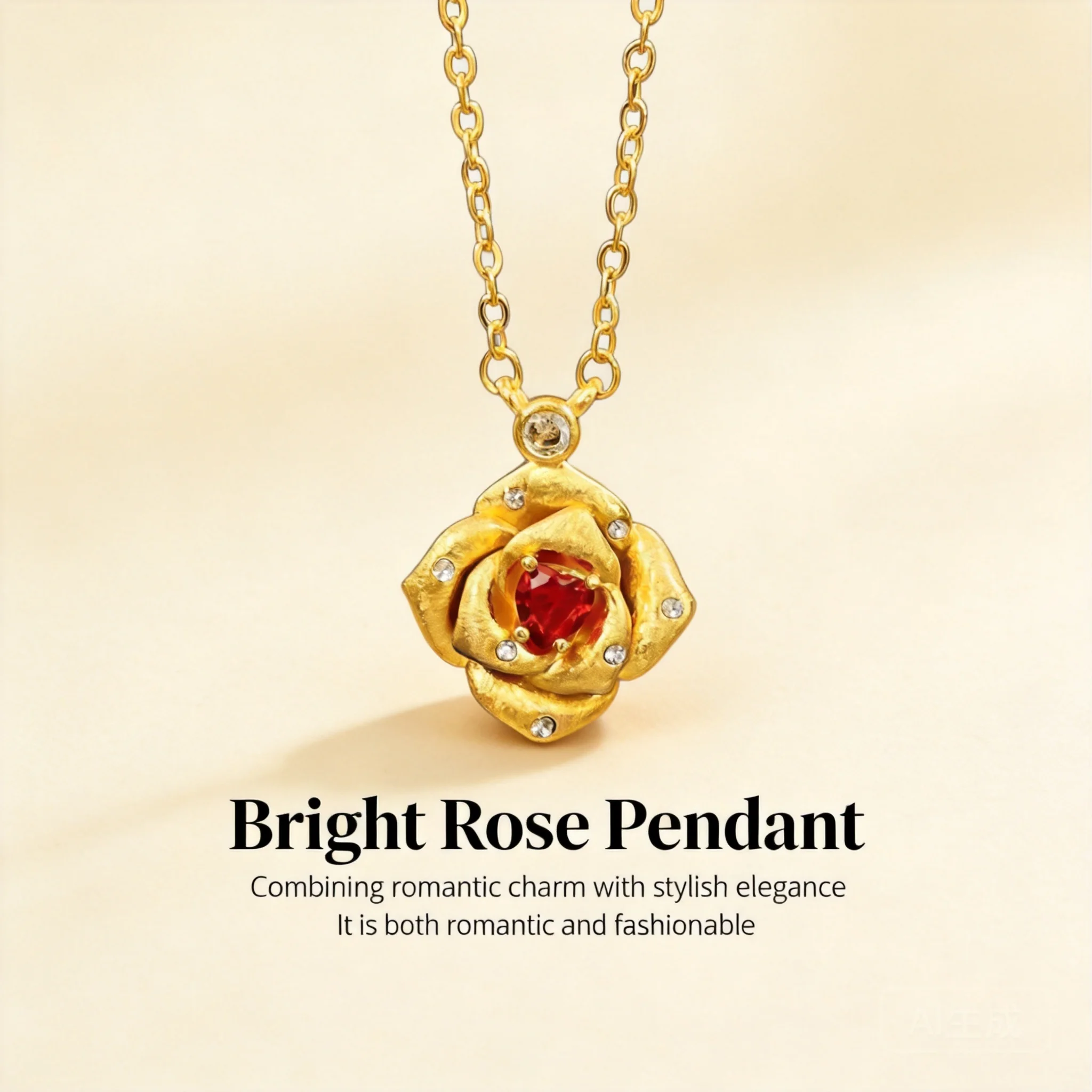 

Chinese Style Lucky Blessing Gold Plated Rose Pendant Sand Gold Brushed Inlaid Red Zircon Dainty Clavicle Chain Necklace For Wom