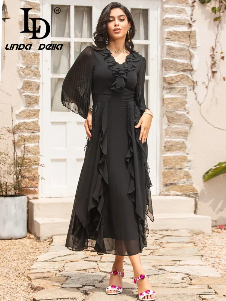 

LD LINDA DELLA Summer Designer Runway Dress Women's Pleats Three Quarter sleeve Lace Ruffles vintage Black Party Long Dress