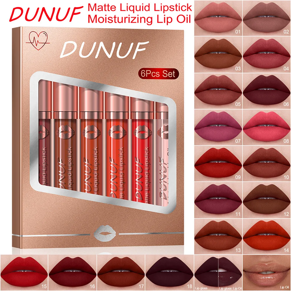 DUNUF 6 pcs ลิปสติก Matte กันน้ํา Long-Lasting Lip GLOSS Liquid Long-Lasting Non-Stick Matte Lip Glaze