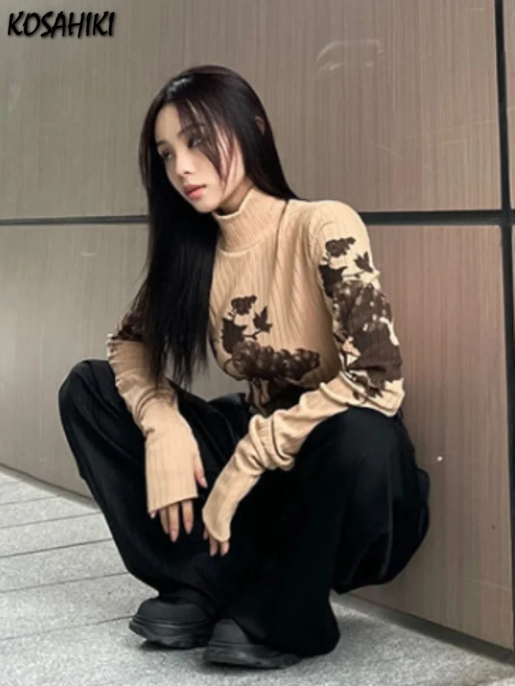 Y2k Aesthetic Long Sleve Basic T-shirts Women Vintage Flower Print Top 2024 Autumn Graphic T Shirts Goth Harajuku Turtleneck Tee