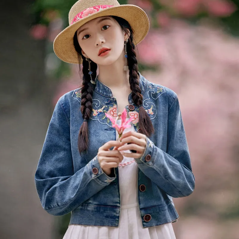 

Women's Denim Jackets Chinese Style Floral Embroidery Cowboy Coat 2024 New Spring Autumn Long Sleeve Outerwear Tops 3XL