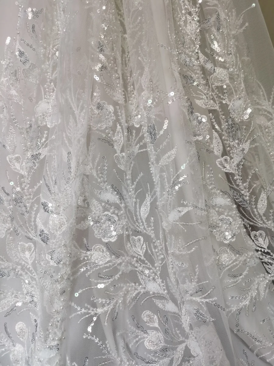 White Beads Silvery Beads Embroidery Tulle Mesh Fabric Bridal Wedding Dress Sewing Material 5yards Price