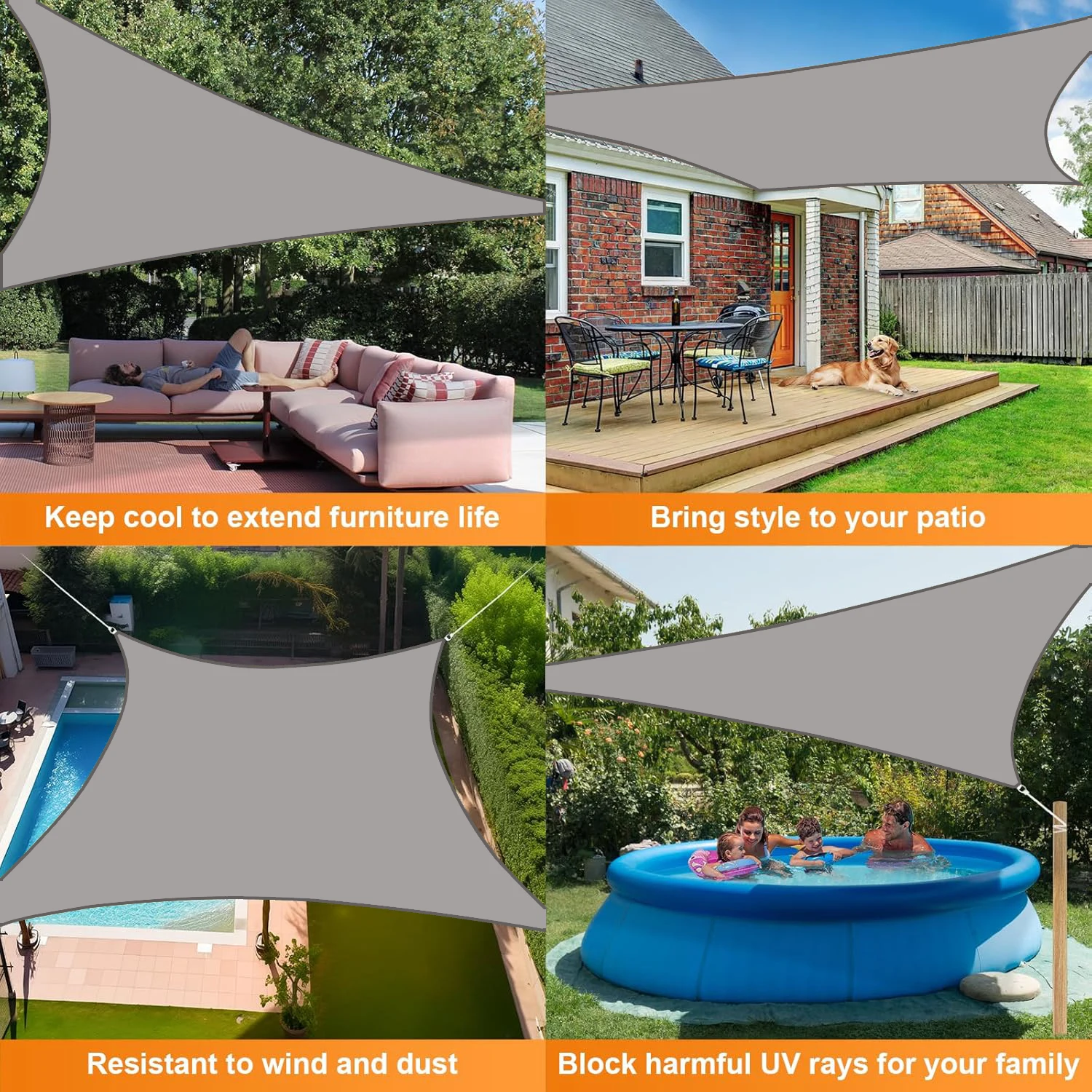 Triangle gray shade sail, waterproof and rainproof courtyard outdoor shade cloth contains rope, UV protection awning