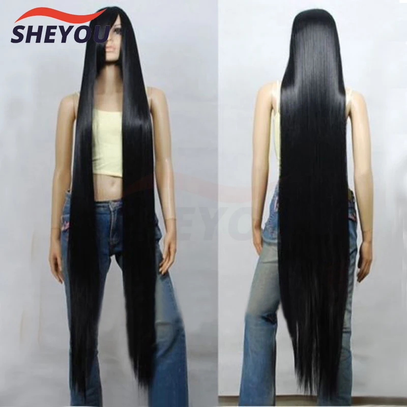 キャップ付きの長い黒のストレートヘアウィッグ,コスプレ衣装,耐熱性,80cm,100cm,120cm,150cm,200cm