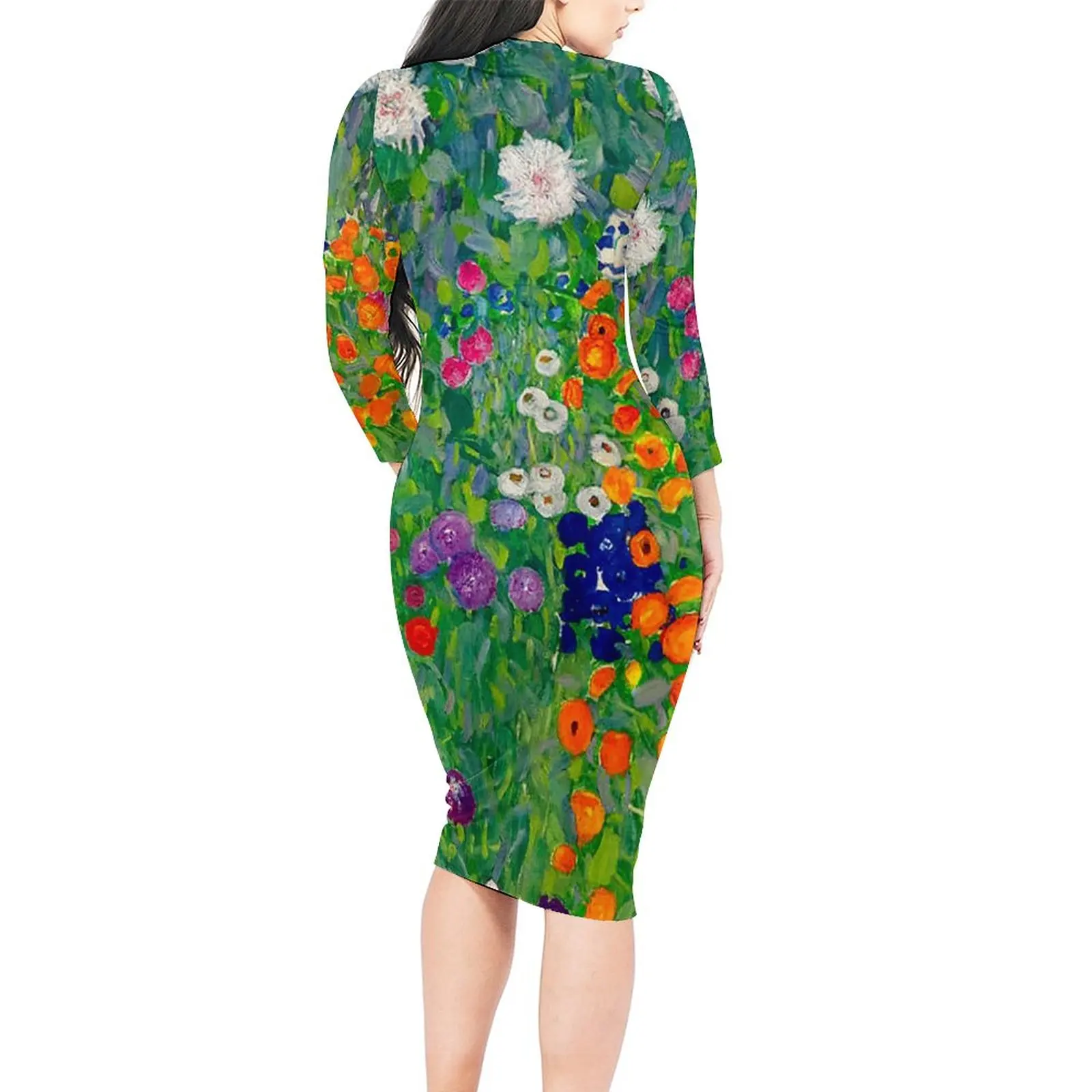 Gustav Klimt Bodycon Dress Summer Cottage Garden Print Night Club Dresses Woman Long Sleeve Custom Aesthetic Dress Large Size